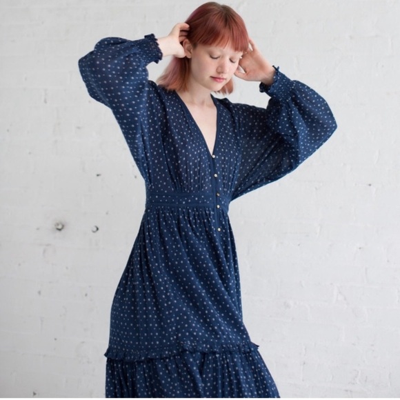 Ulla Johnson Paulette Blue Dress Cotton Size 2 Patterned Floral Ditsy Midi Dress - Picture 7 of 17